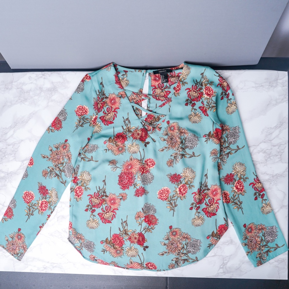 Fall Floral Blouse Long Sleeve V Neck Flowy Top Teal Forever 21 size S